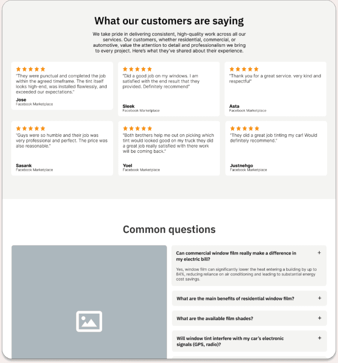 Final website customer reviews and FAQ section