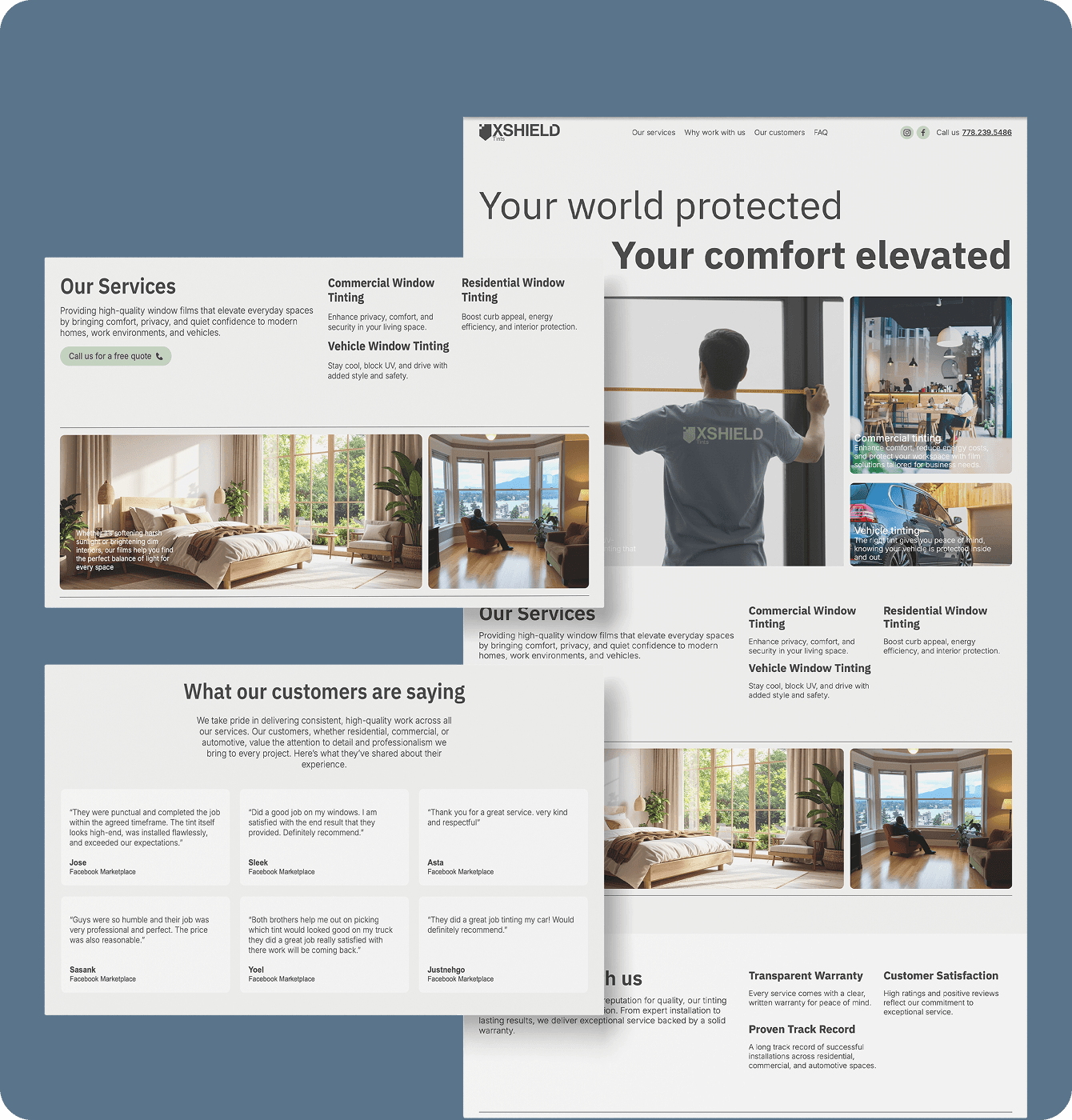 XShield Tints website mockup collage — Your world protected, your comfort elevated
